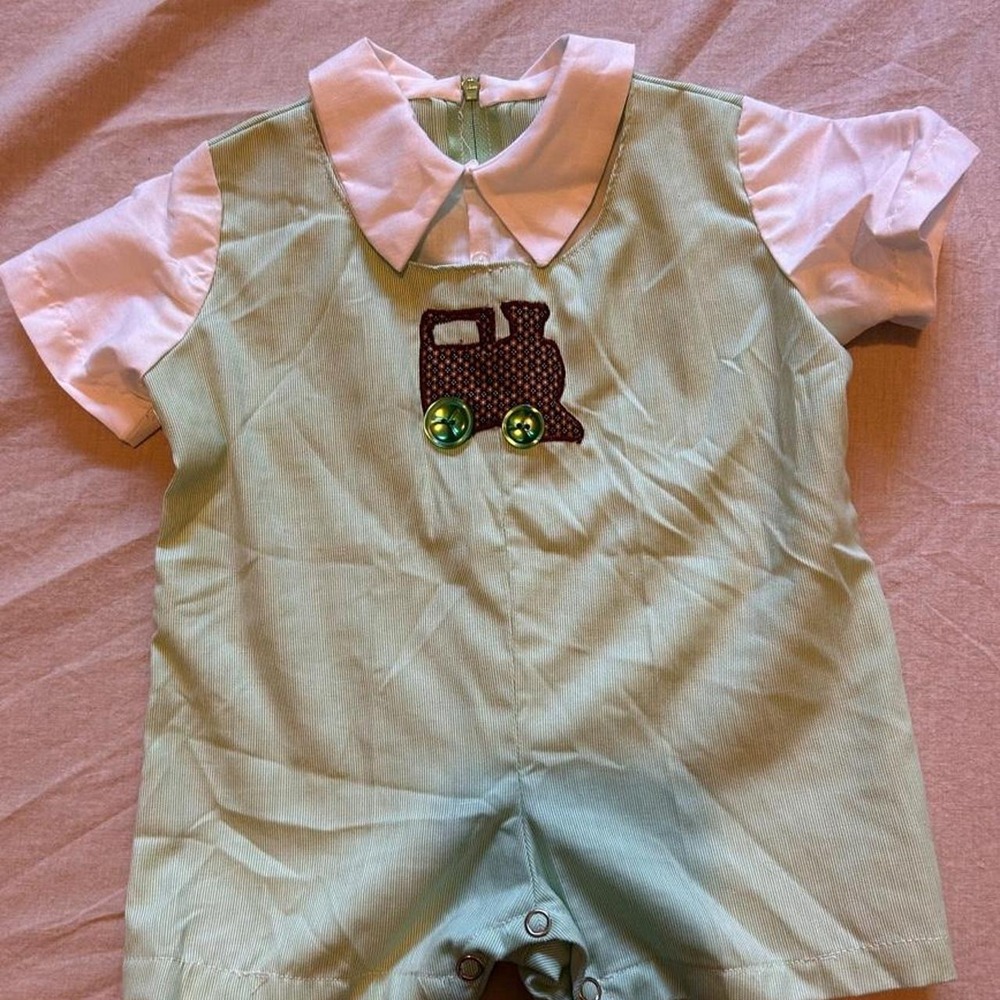 Homemade Green and white train one piece baby boy outfit